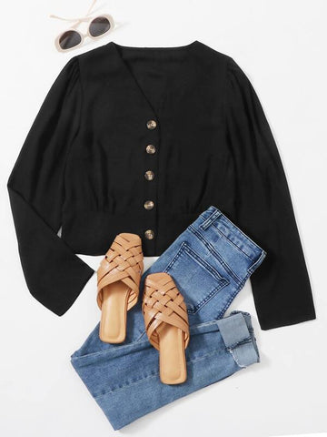 Button Front V-neck Solid Blouse - takostyle
