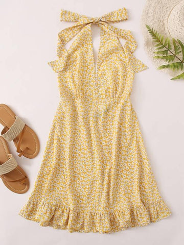 Self Tie Halterneck Ruffle Hem Ditsy Floral Dress - takostyle