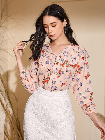 Floral Print Ruffle Trim Blouse - takostyle