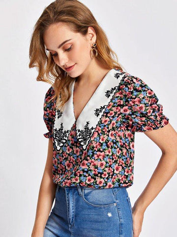 Floral Collar Puff Sleeve Floral Top - takostyle
