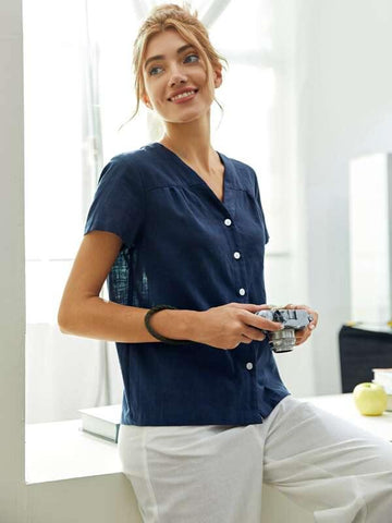 V Neck Button Front Top - takostyle