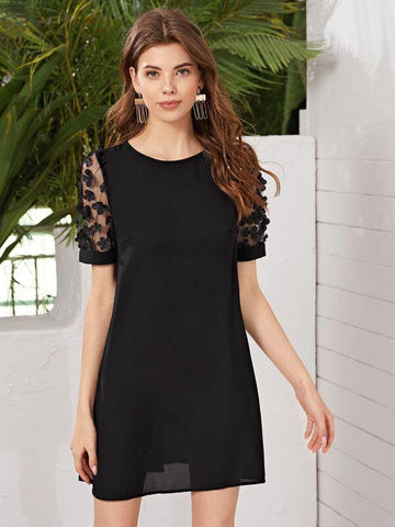 3D Appliques Sheer Mesh Sleeve Dress - takostyle