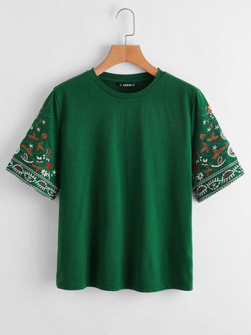 Plants Embroidery Sleeve Top - takostyle