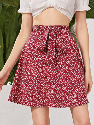 Ditsy Floral Button Front Tie Front Skirt - takostyle