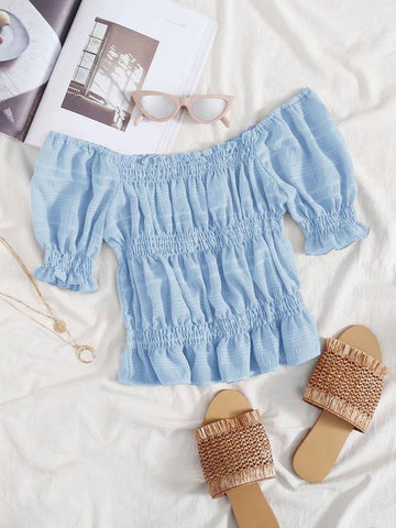 Frill Trim Puff Sleeve Shirred Detail Top - takostyle