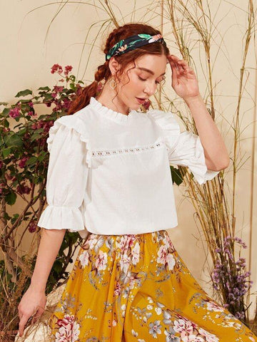 Frill Mock Neck Flounce Sleeve Lace Insert Top - takostyle
