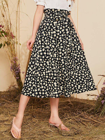 Paperbag Waist Belted Daisy Floral Skirt - takostyle