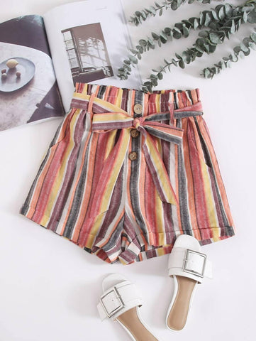 Paperbag Waist Self Belted Cuffed Striped Shorts - takostyle