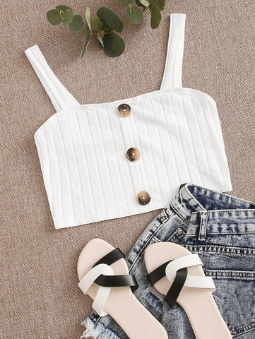 Button Front Rib-knit Crop Cami Top - takostyle
