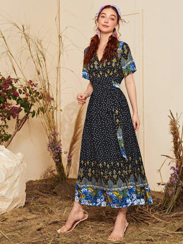 Surplice Wrap Belted Tribal Dress - takostyle