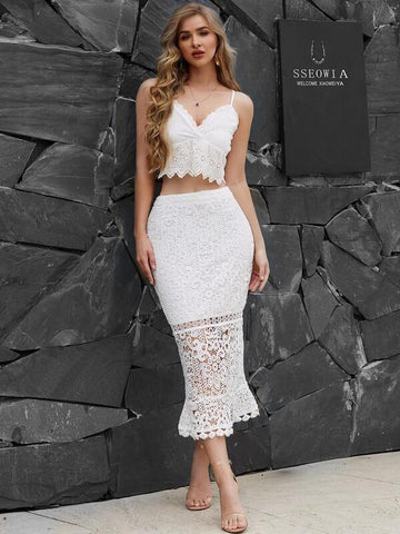 Yilibasha Fishtail Hem Guipure Lace Skirt - takostyle