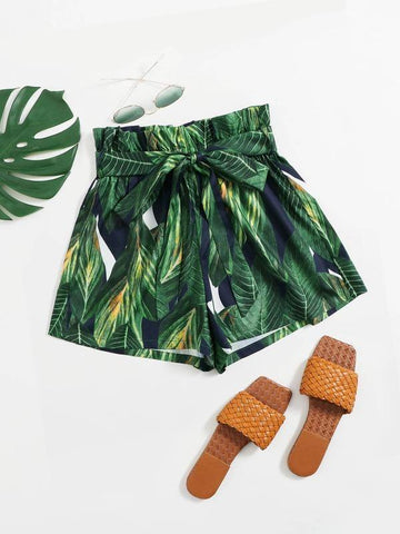Paperbag Waist Self Belted Tropical Shorts - takostyle