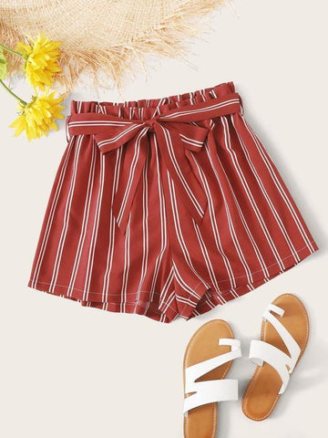 Striped Paperbag Waist Belted Shorts - takostyle