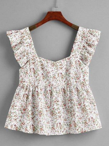 Sweetheart Neck Ruffle Trim Ditsy Floral Peplum Top - takostyle