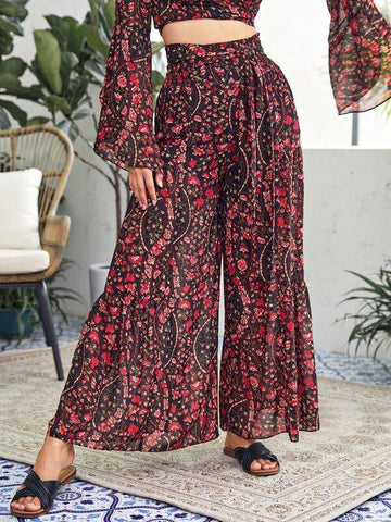 Shirred Tie Waist Floral Chiffon Pants - takostyle