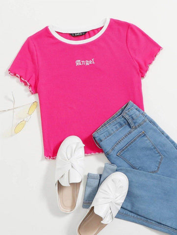 Lettuce Trim Letter Embroidery Rib-knit Top - takostyle