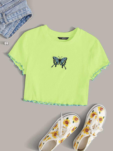 Lettuce Trim Butterfly Embroidery Rib-knit Top - takostyle