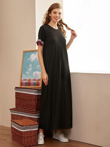 Geo Embroidered Fringe Cuff Tee Dress - takostyle