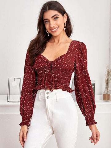 Tie Front Shirred Polka-dot Print Top - takostyle