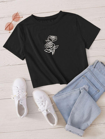 Floral Short Sleeve Crop Tee - takostyle