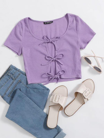 Tie Front Rib-knit Crop Top - takostyle