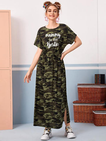 Tie Waist Slogan Graphic Camo Dress - takostyle