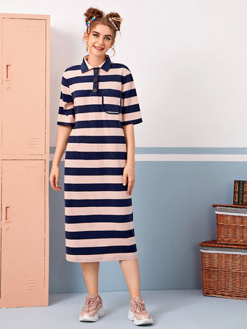 Patch Pocket Two Tone Striped Polo Dress