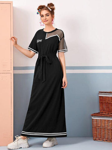 Drop Shoulder Sheer Fishnet Insert Belted Dress - takostyle