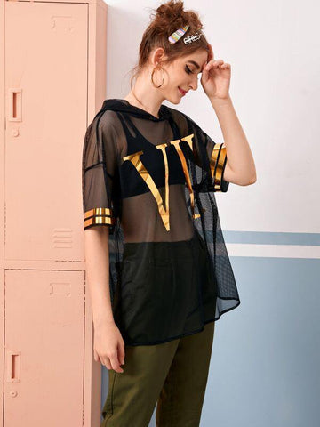 Metallic Striped &amp; Letter Sheer Mesh Hooded Top Without Bra - takostyle