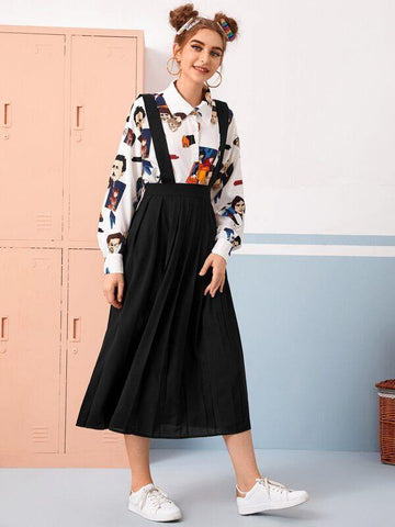 Solid Pleated Suspender Skirt - takostyle