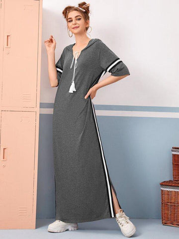 Tassel Tie Front Striped Tape Split Hem Hooded Dress - takostyle