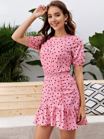 Polka Dot Print  Buttoned Keyhole Ruffle Hem Dress