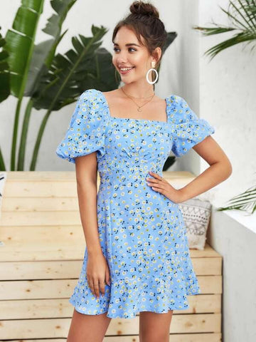 Ditsy Floral Print Shirred Ruffle Hem Puff Sleeve Dress - takostyle
