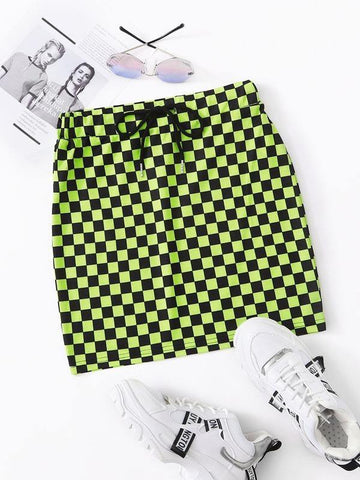 Drawstring Waist Checked Print Skirt - takostyle