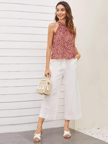 Ditsy Floral Keyhole Back Halter Top - takostyle