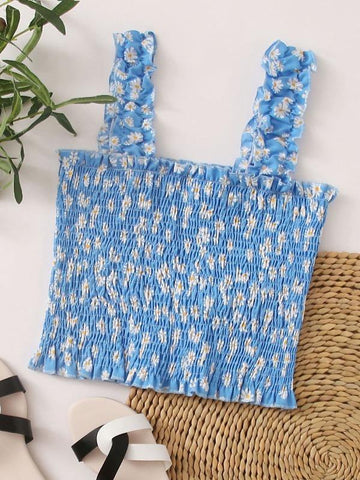 Daisy Floral Print Frill Trim Shirred Top - takostyle