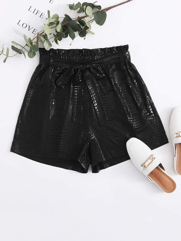 Crocodile Pattern Belted Paperbag Shorts - takostyle