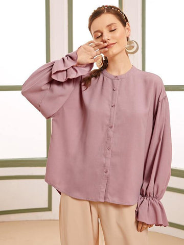Drop Shoulder Flounce Sleeve Curved Hem Blouse - takostyle