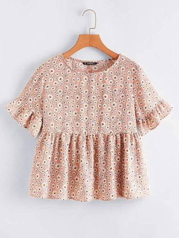 Ruffle Trim Ditsy Floral Peplum Top - takostyle