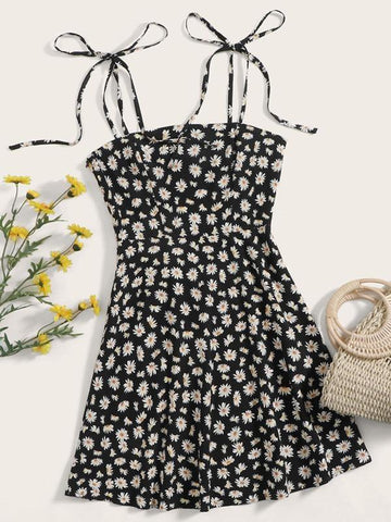 Tie Shoulder Daisy Floral Print Cami Dress - takostyle