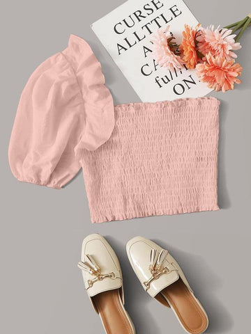 One Shoulder Shirred Ruffle Crop Top - takostyle