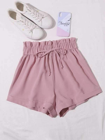 Solid Knot Front Paper Bag Waist Shorts - takostyle