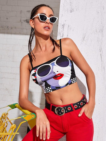 Figure Print Checker Plaid Crop Cami Top - takostyle