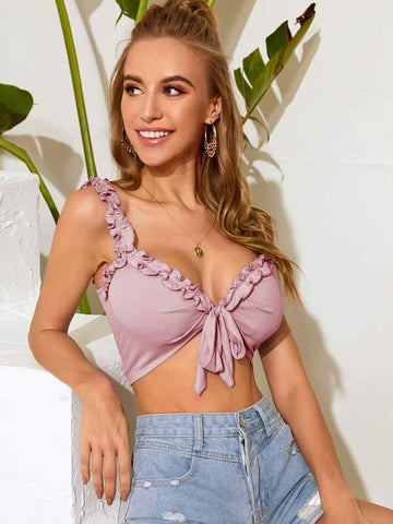 Ruffle Straps Tie Front Crop Top - takostyle
