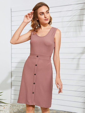 Button Front Rib-knit Fitted Dress - takostyle