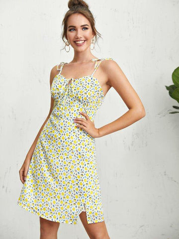 Knot Shoulder Allover Lemon Print Cami Dress - takostyle