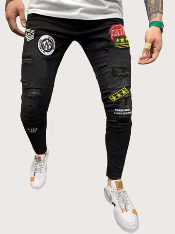 Men Patched Distressed Skinny Jeans