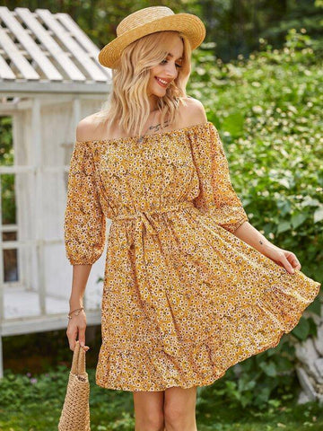 Ditsy Floral Belted Ruffle Hem Bardot Dress - takostyle