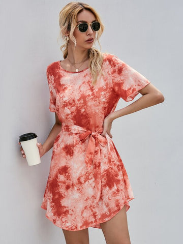Tie Dye Curved Hem Belted Tunic Dress