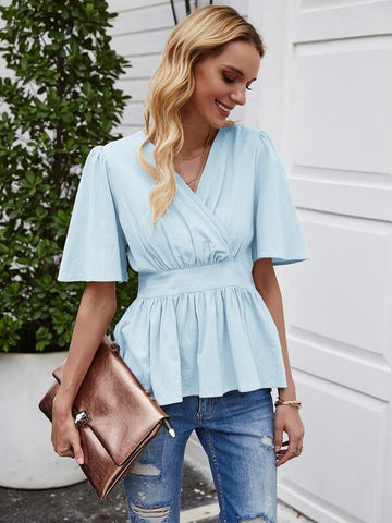Solid Ruched Back Peplum Blouse - takostyle